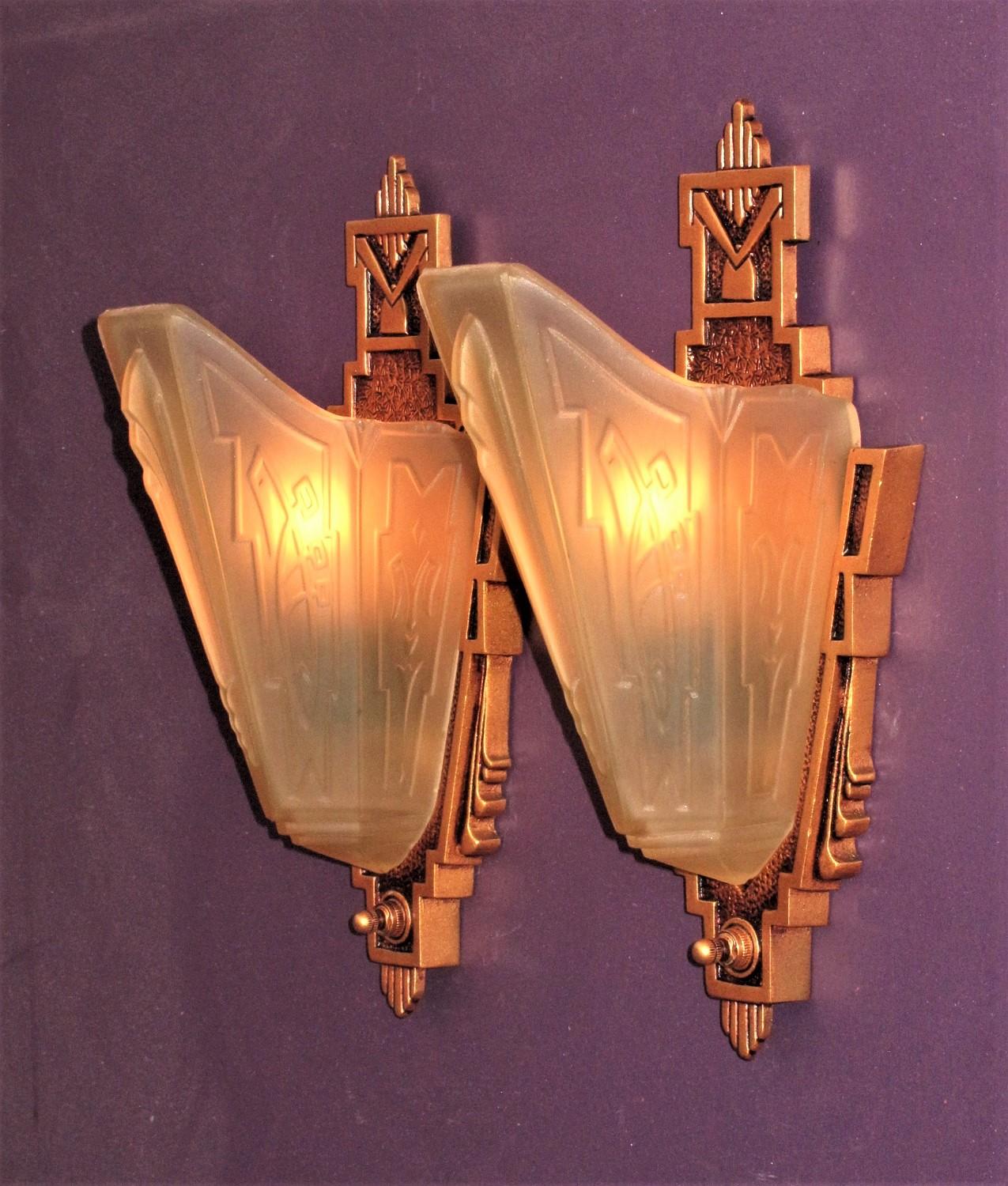 Iron Pair c1930 Sconces with Consolidated Glass Slip Shades