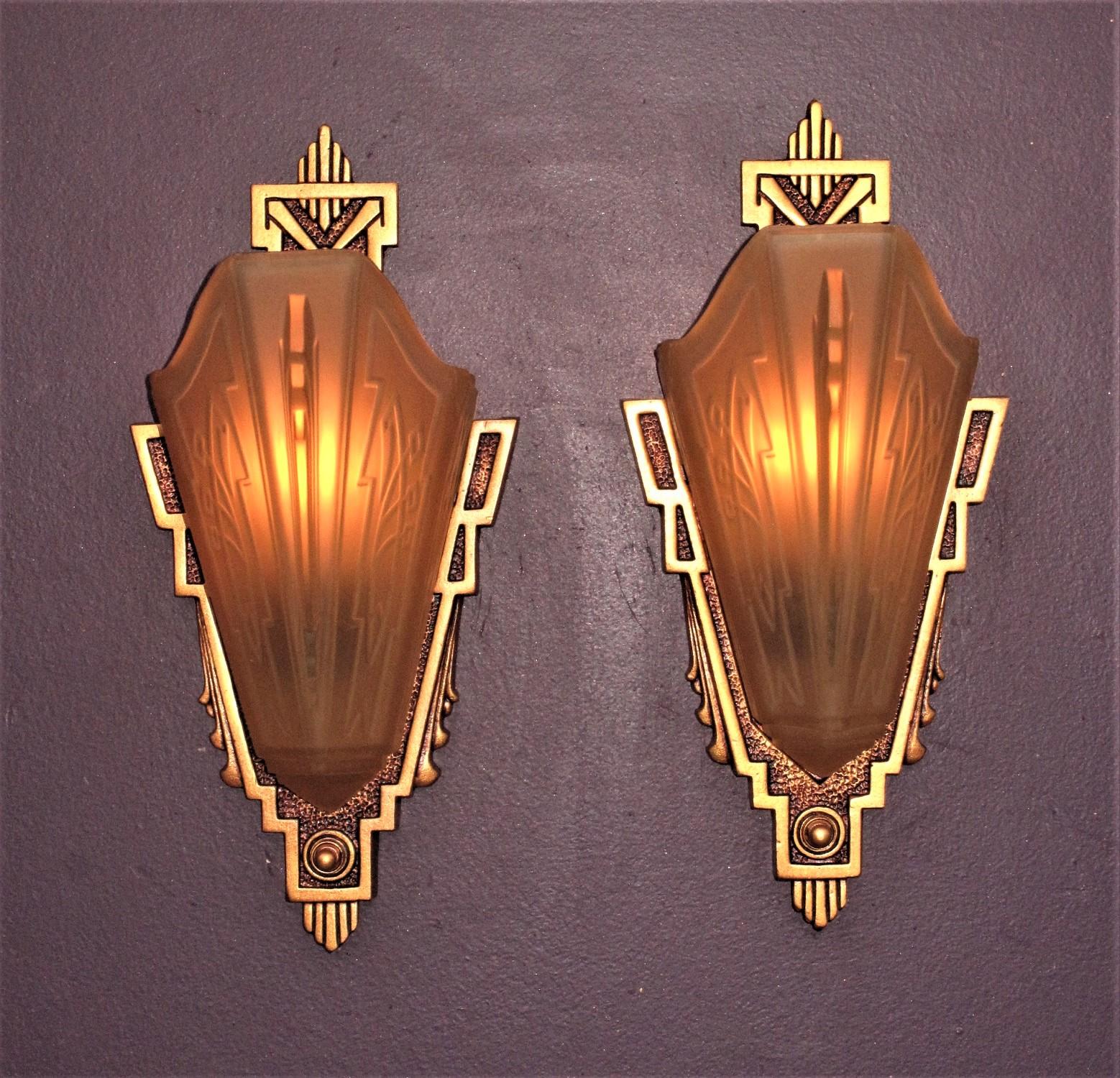 Pair c1930 Sconces with Consolidated Glass Slip Shades 1