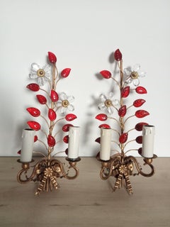 Pair c1960's French MCM Red Crystal Floral Form Wall Sconces "Flowers & Petals"