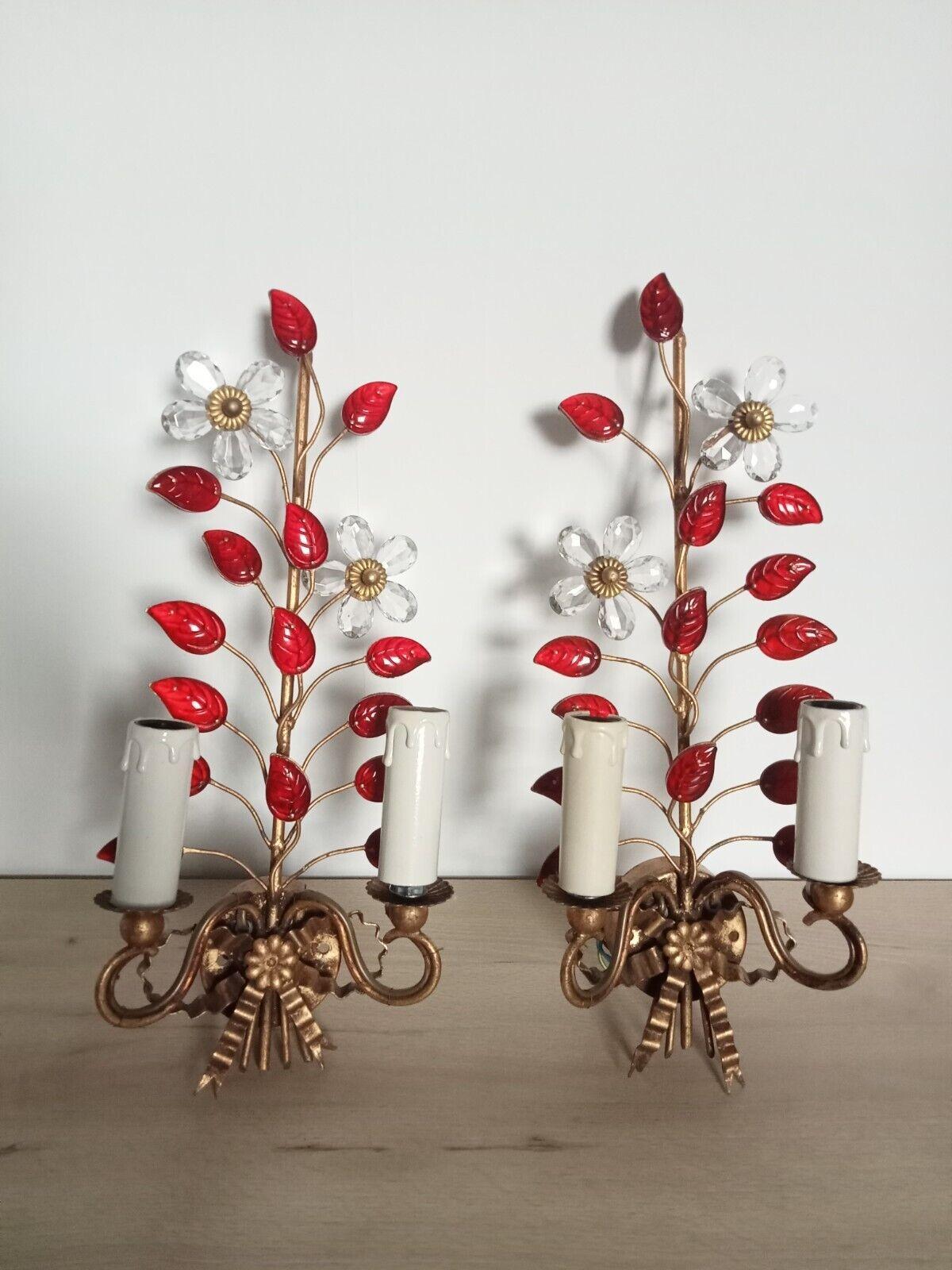 Mid-20th Century Pair c1960's French MCM Red Crystal Floral Form Wall Sconces 