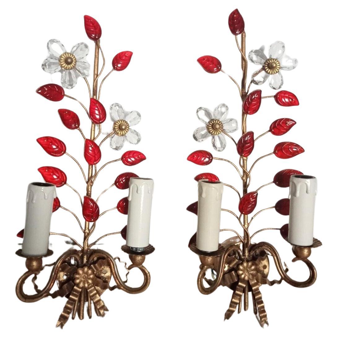 Pair c1960's French MCM Red Crystal Floral Form Wall Sconces "Flowers & Petals" For Sale