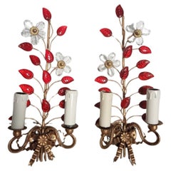 Vintage Pair c1960's French MCM Red Crystal Floral Form Wall Sconces "Flowers & Petals"