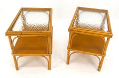 Pair c1970s Bamboo Rattan Two Tier Rippled Glass Top Rectangle End Side Tables