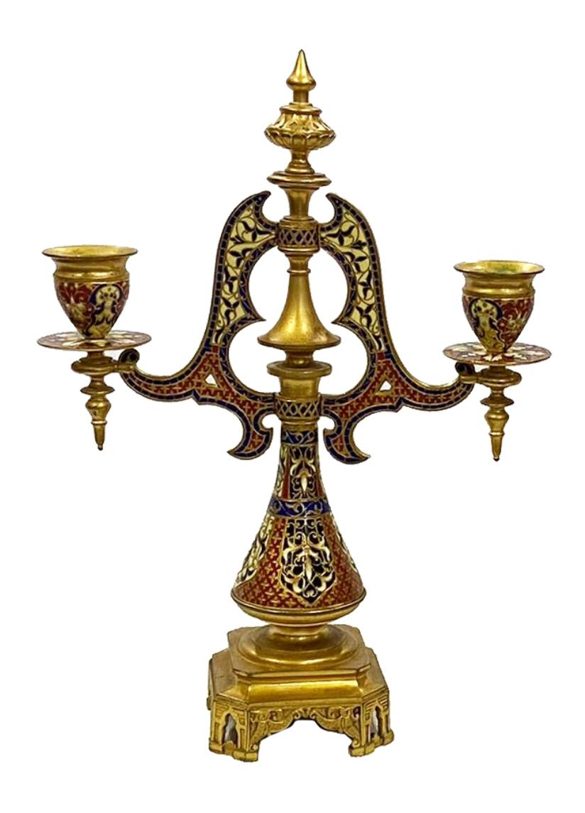 A very good quality pair of Arabic influenced French, late 19th century gilded ormolu and Champlieve enamel candelabra two branch candelabra. Measures: 12
