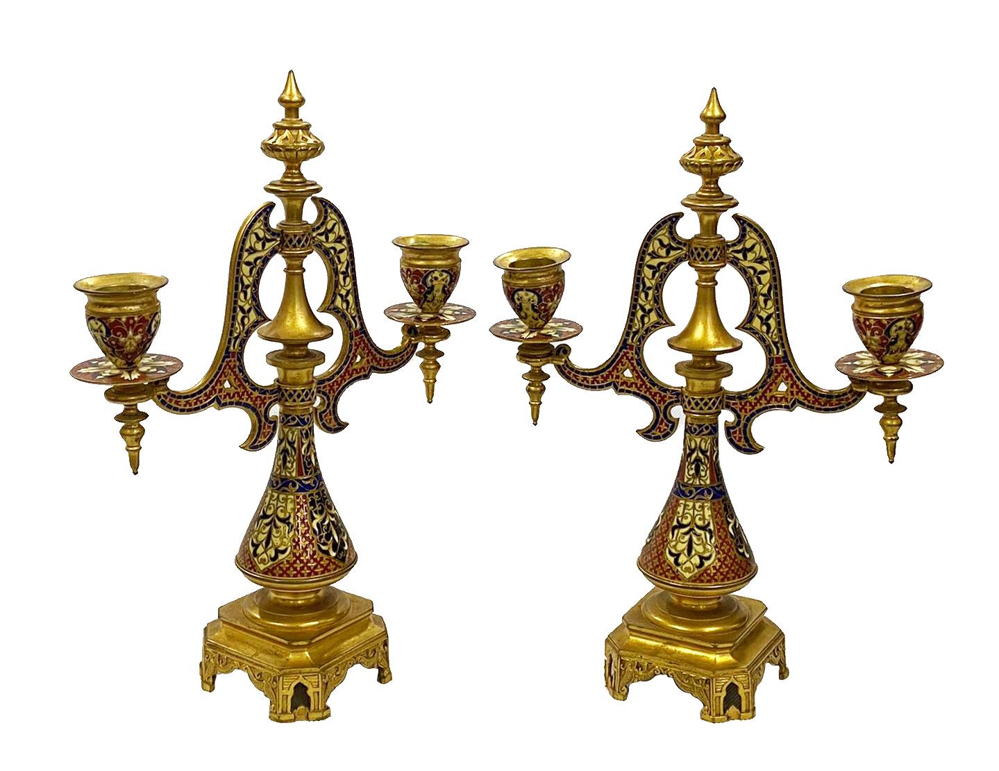 Gilt Pair of 19th Century Arabic Style French Champlieve Enamel Candleabra For Sale