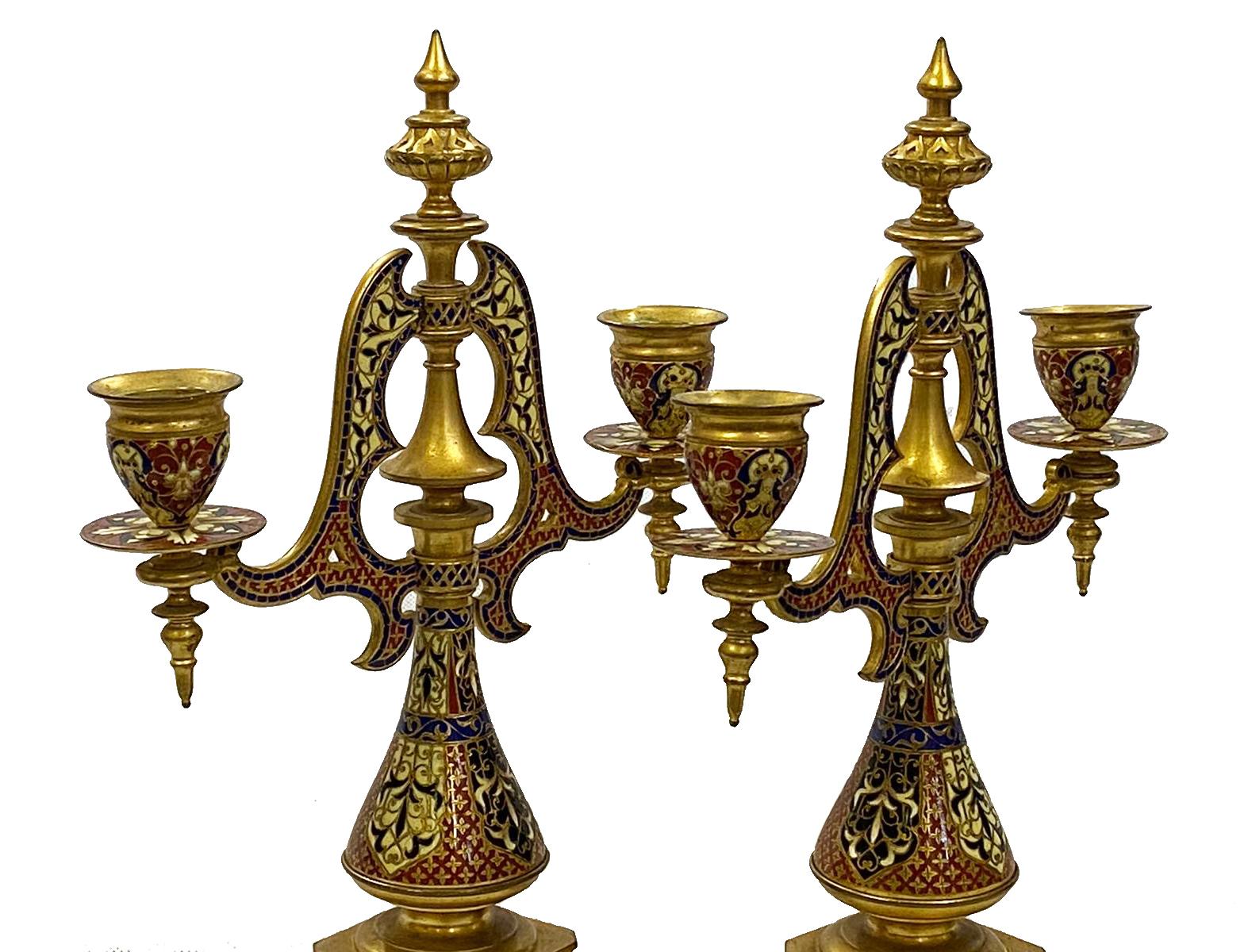 Pair of 19th Century Arabic Style French Champlieve Enamel Candleabra In Good Condition For Sale In Brighton, Sussex