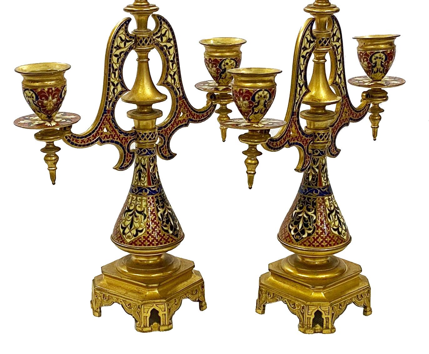 Pair of 19th Century Arabic Style French Champlieve Enamel Candleabra For Sale 1