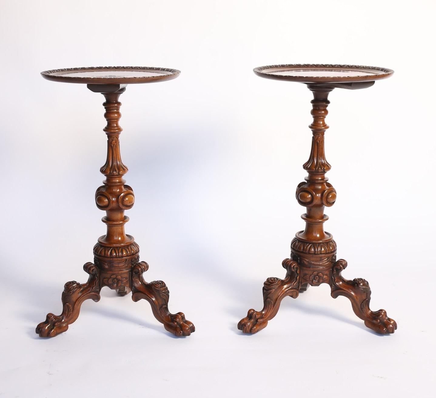 Pair C19th  Carved Walnut Italian  Lamp Tables
Circular dish tops with carved detail around edge, 
Carved  Pedestal Column, 
Tripod Carved Legs with Carved Paw Feet, 
Good quality Carving, 
Recently Polished