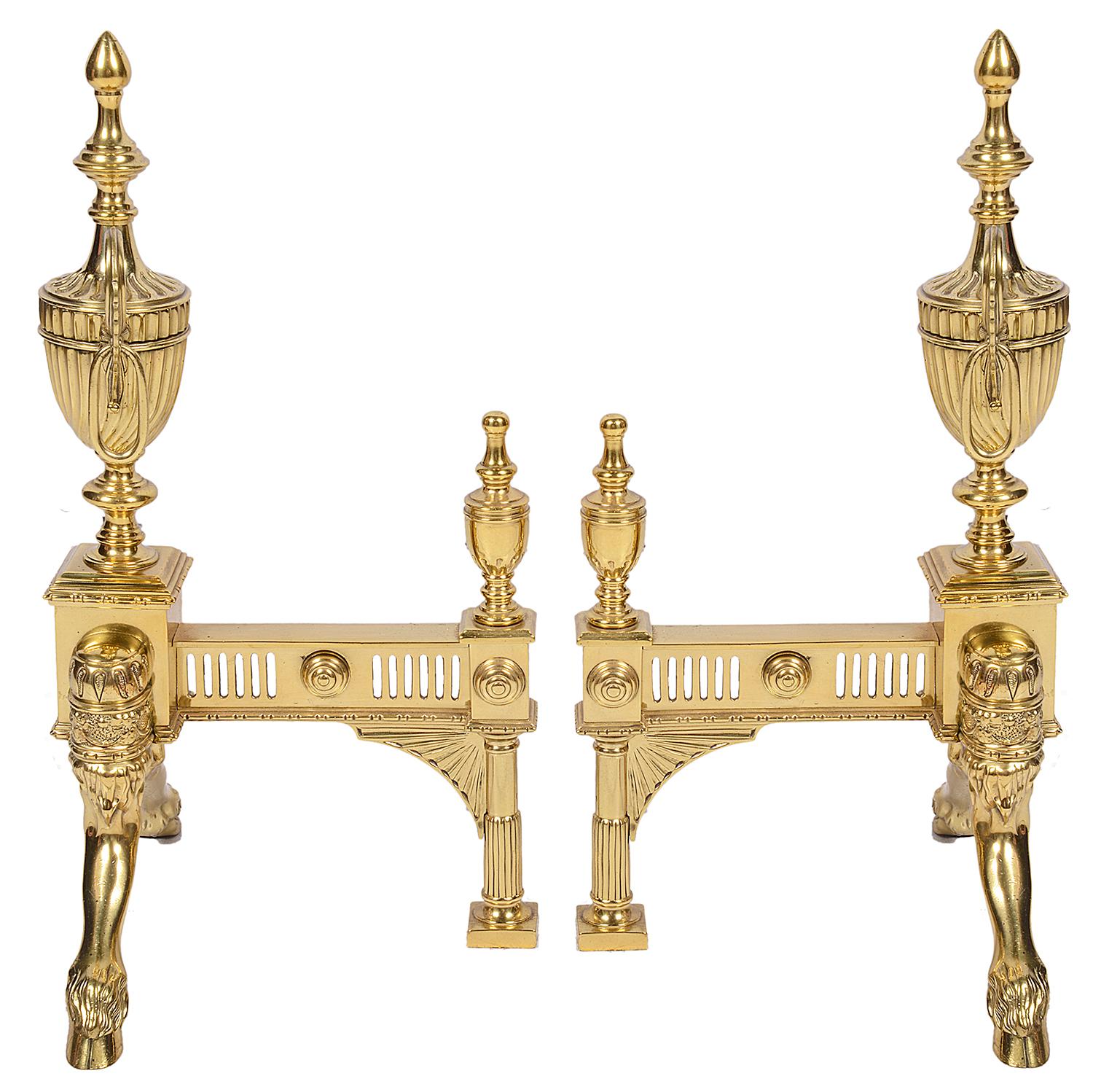 English Pair of 19th Century Classical Adam Style Brass Andirons