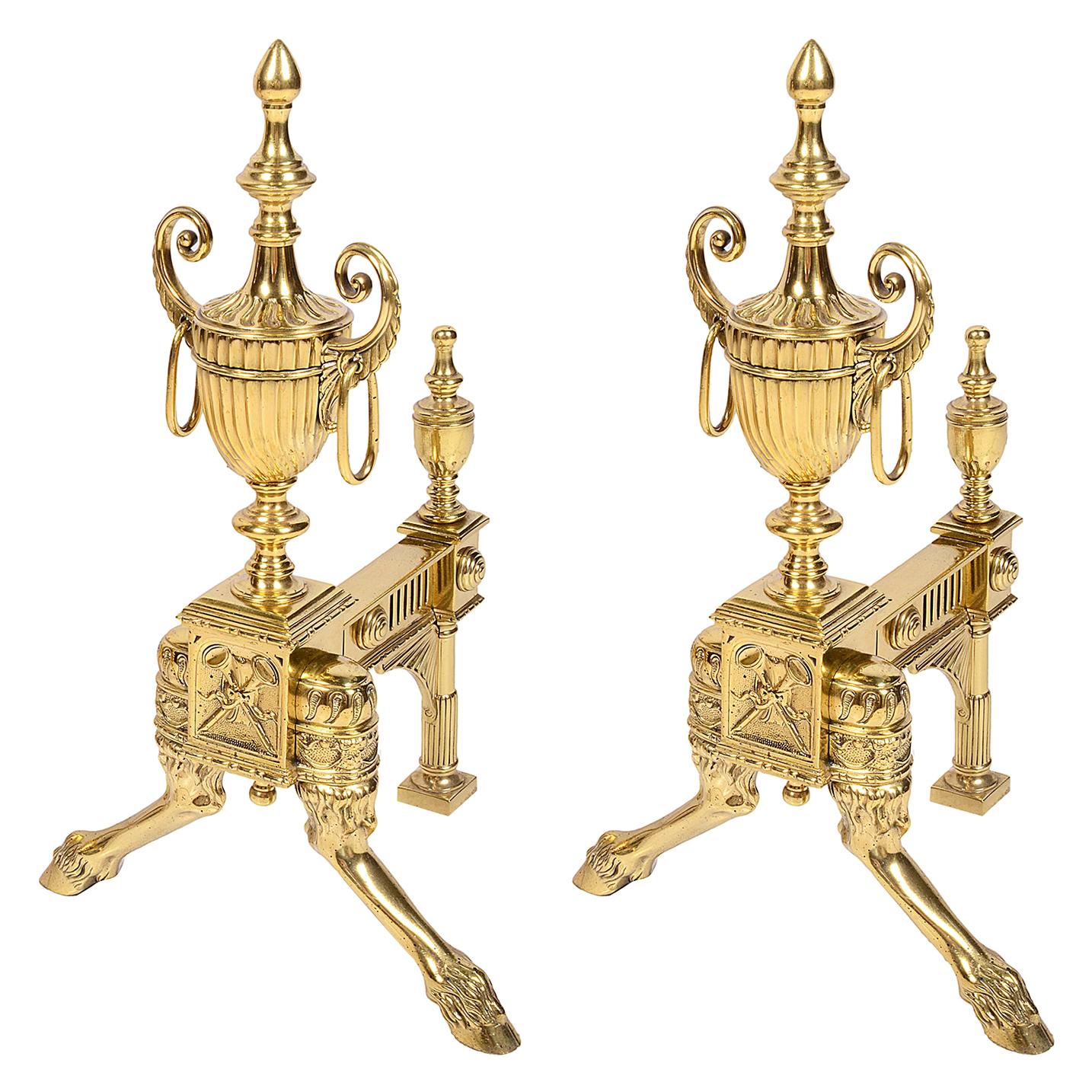 Pair of 19th Century Classical Adam Style Brass Andirons