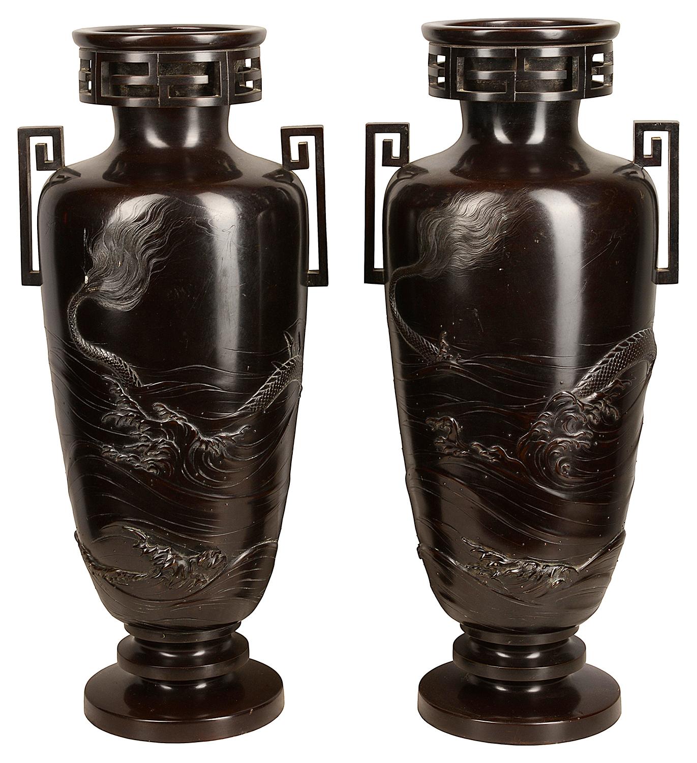 Japonisme Pair of Japanese Meiji / Taisho Period '1900-1920' Cast Bronze Vases / Lamps For Sale