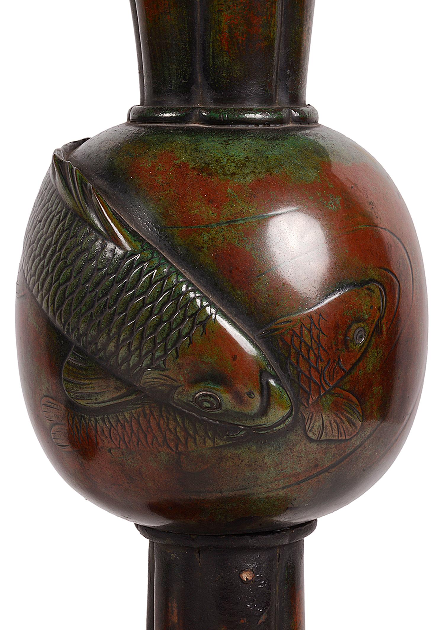 Japonisme Pair of 19th Century Japanese Meiji Period Bronze Carp Vases For Sale