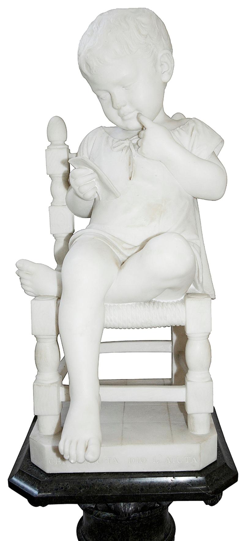 Romantic Pair of 19th Century Marble Statues of Young Children, Signed; Cesare Lapini