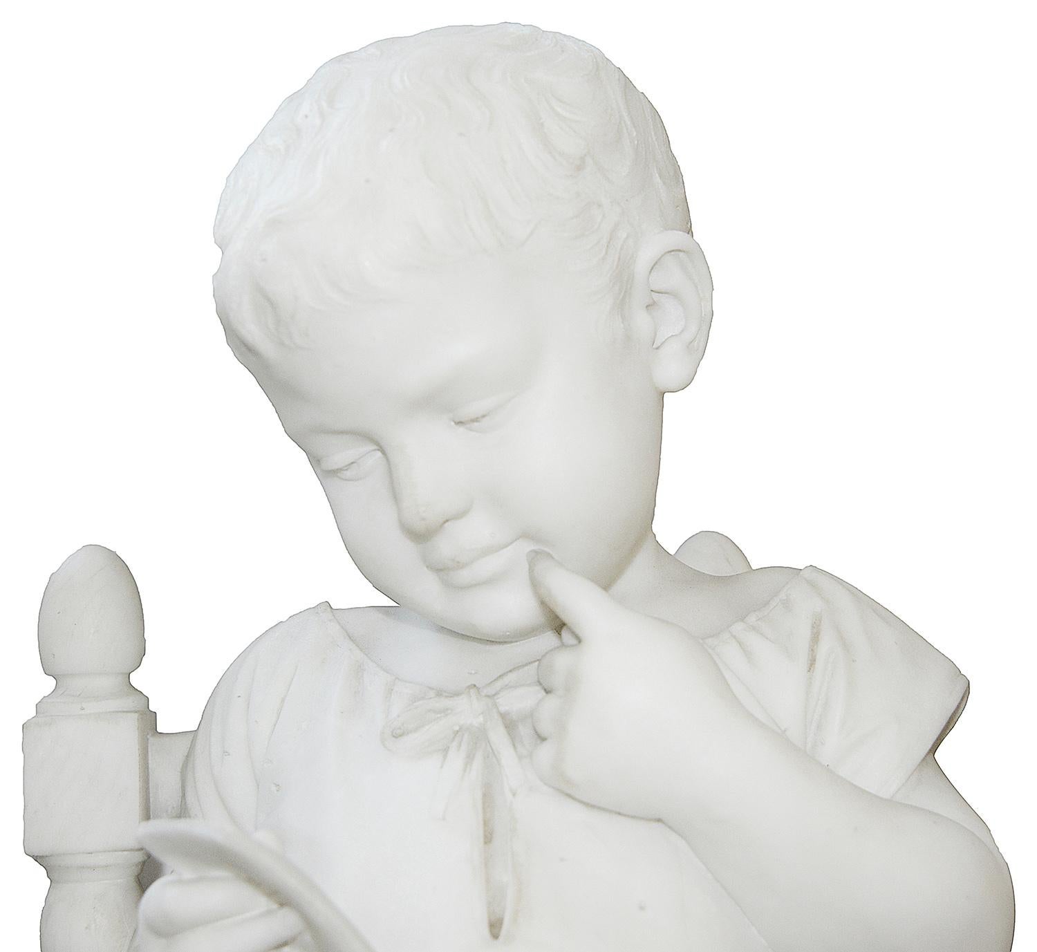 Italian Pair of 19th Century Marble Statues of Young Children, Signed; Cesare Lapini