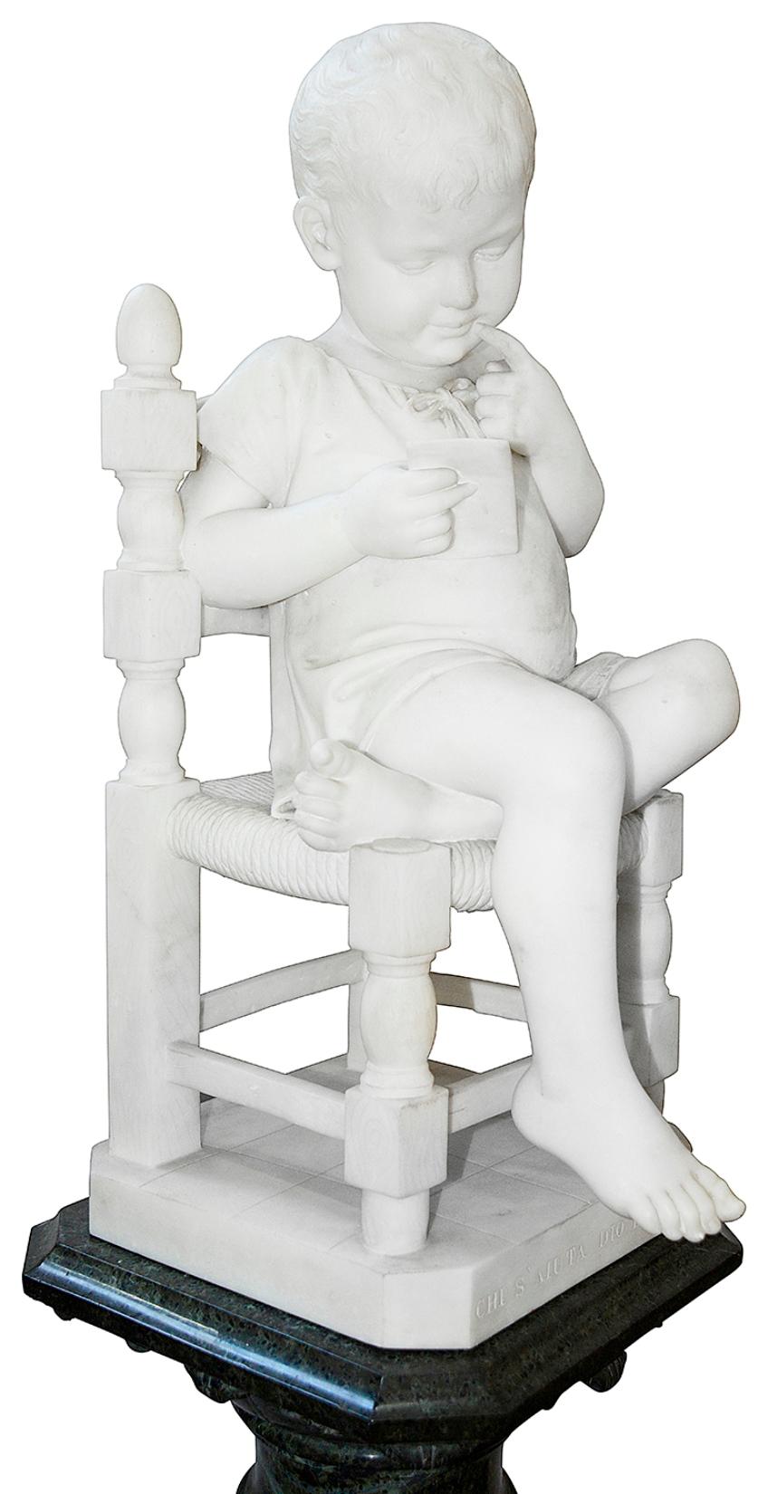 Hand-Carved Pair of 19th Century Marble Statues of Young Children, Signed; Cesare Lapini 
