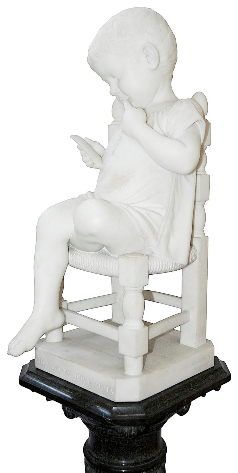 Carrara Marble Pair of 19th Century Marble Statues of Young Children, Signed; Cesare Lapini