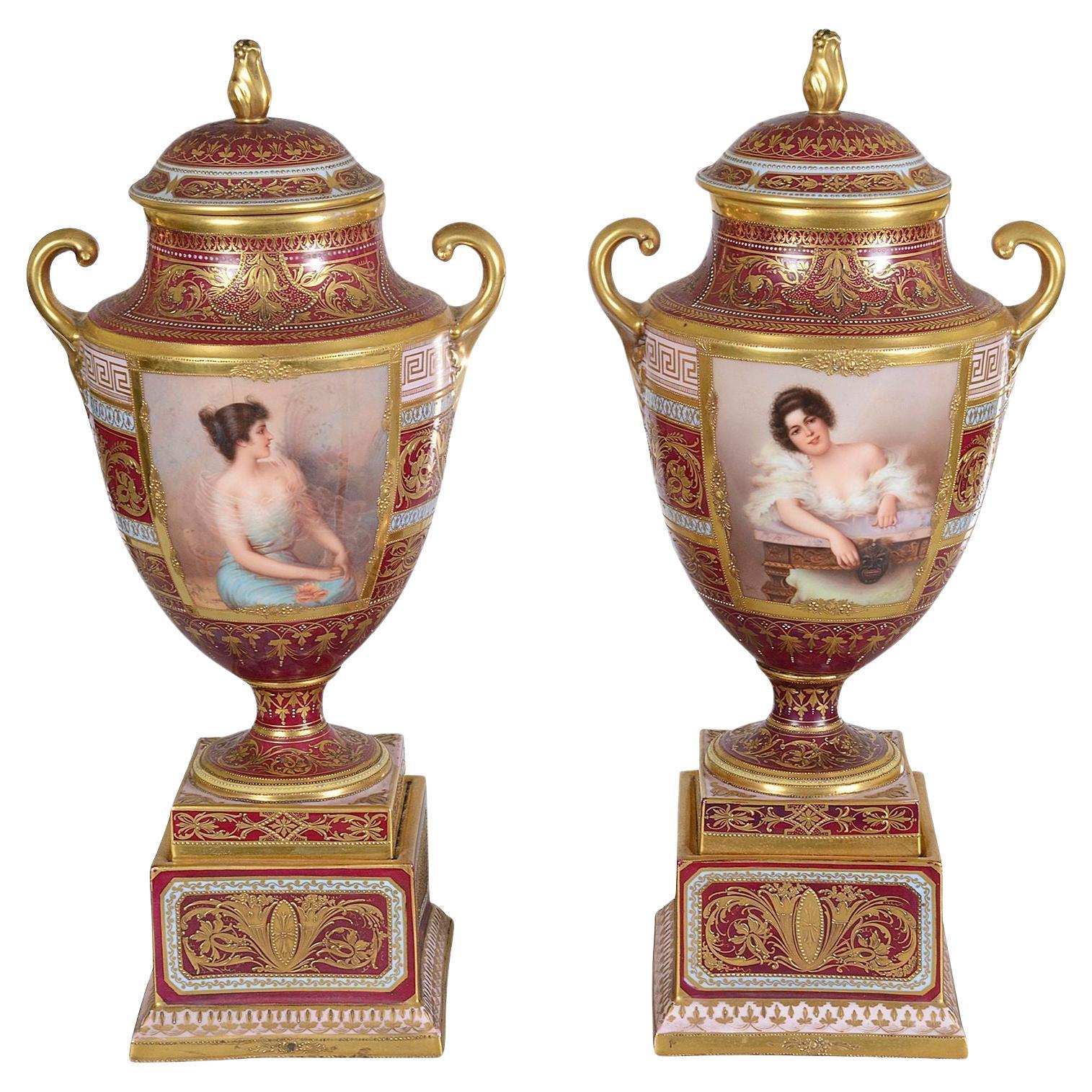 Pair C19th Vienna lidded vases
