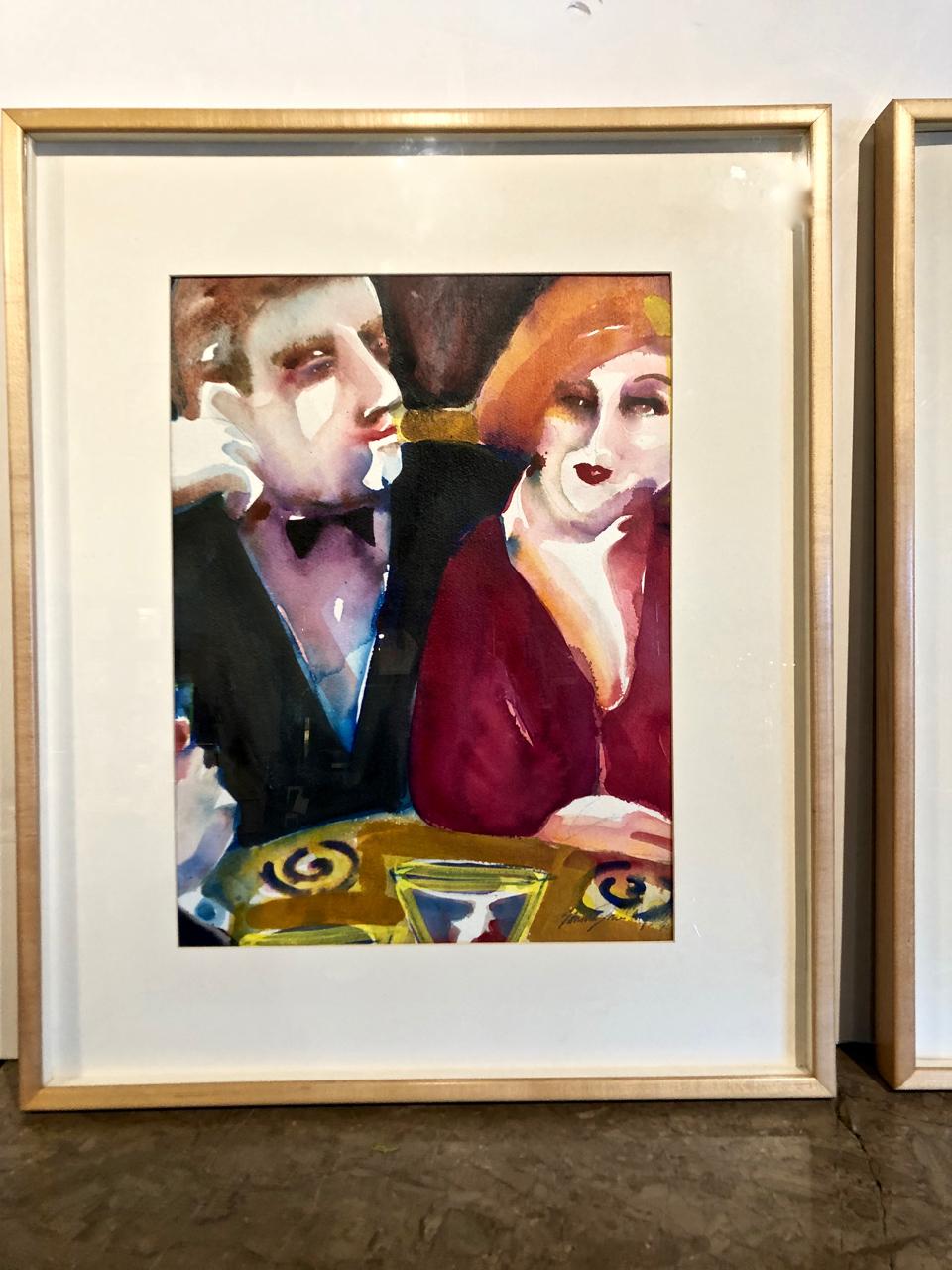 This a highly decorative pair of framed watercolors that detail cabaret life in the Deco era. The works are signed are signed by the listed artist, Sandra Jones Campbell and are dated 1991.
Sandra Jones Campbell is a well-listed Laguna Beach artist