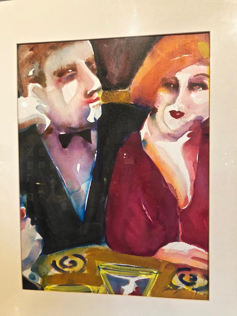 Art Deco Pair of Cabaret Scene Framed Watercolors by Sandra Jones Campbell