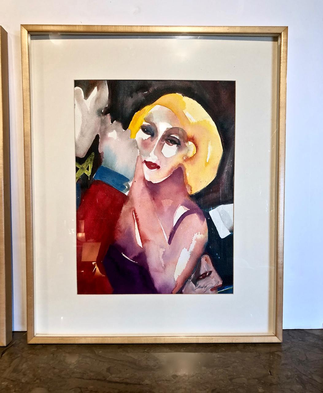 Pair of Cabaret Scene Framed Watercolors by Sandra Jones Campbell In Good Condition In Pasadena, CA