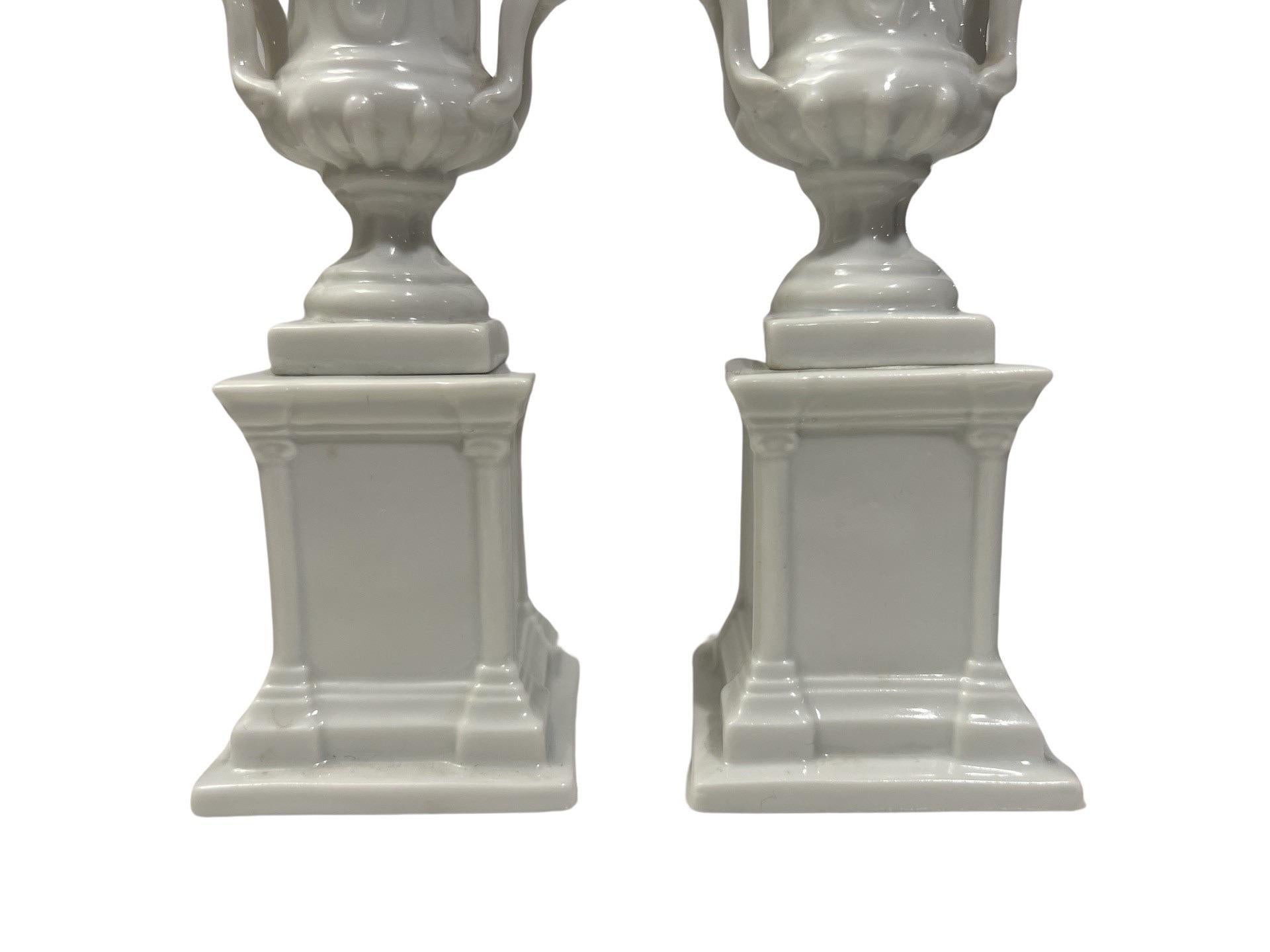 Italian Pair, Cabinet of Curiosity Neoclassical Style Blanc De Chine Porcelain Urns For Sale
