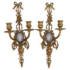 Pair Caldwell Bronze Candle Sconces with Wedgewood Porcelain Inserts