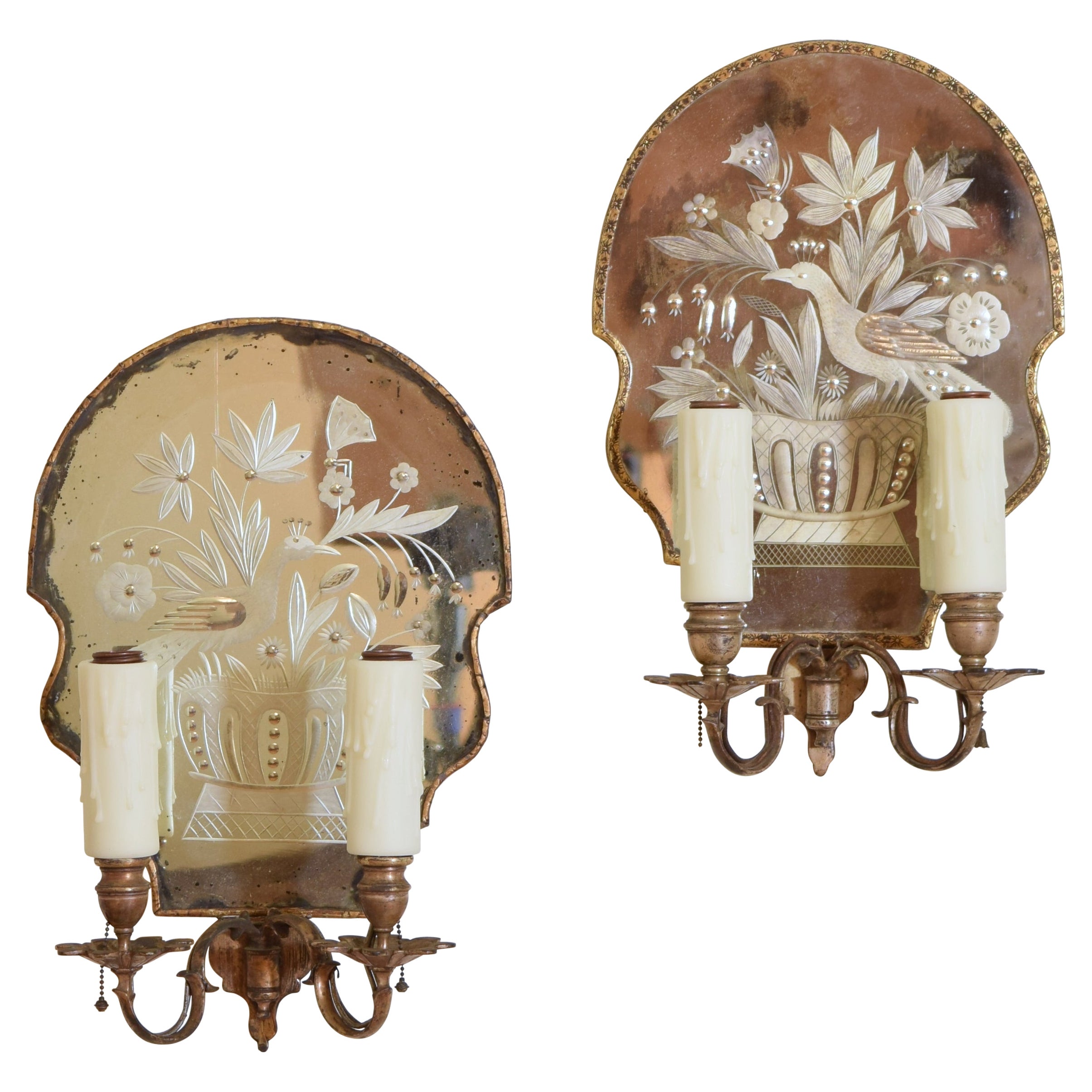 Pair Caldwell 
Co. Etched Mirrored 2-Light Sconces, ca. 1920