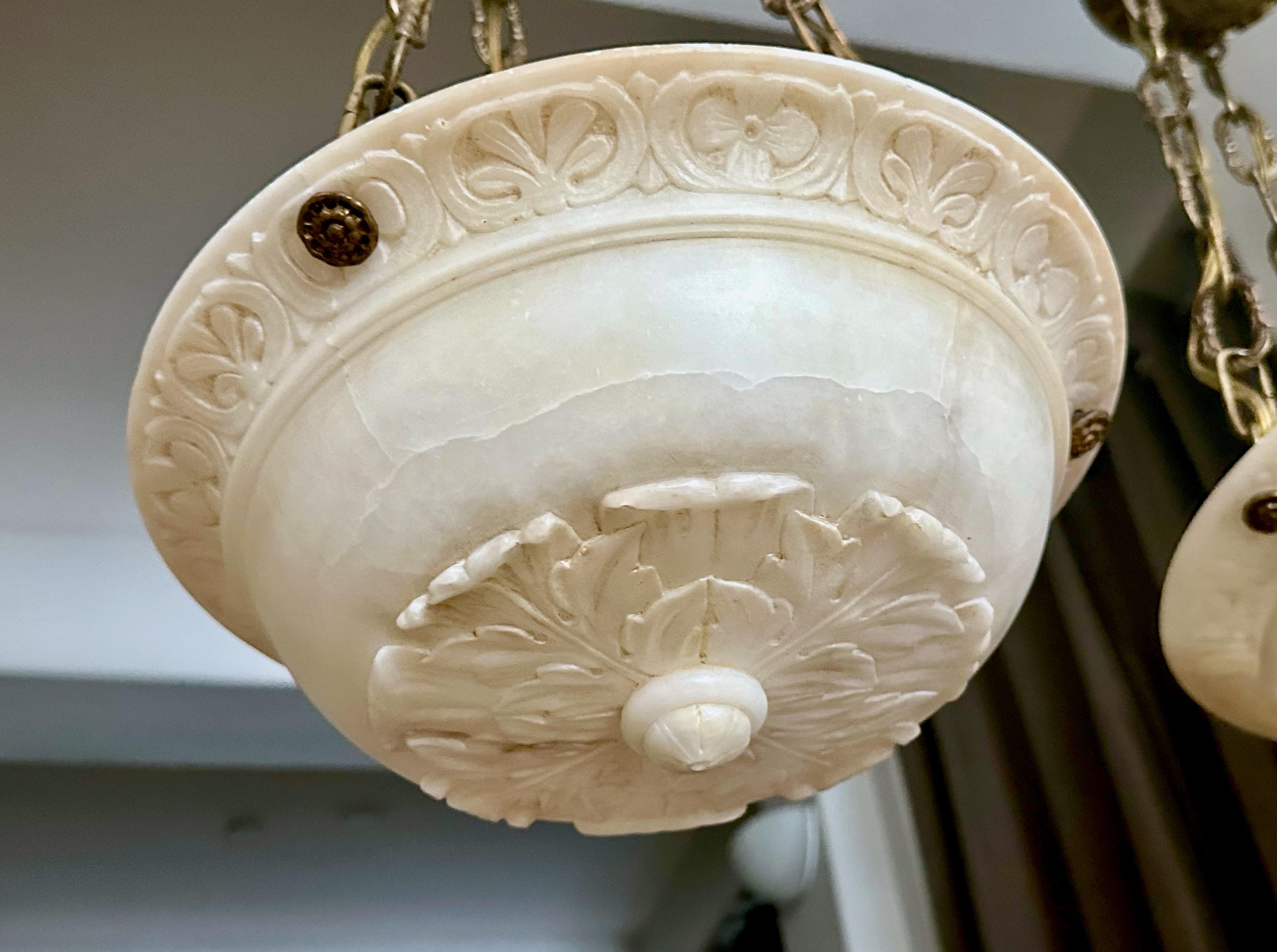 Pair Caldwell Neoclassic Alabaster Carved Pendant Chandelier For Sale 4