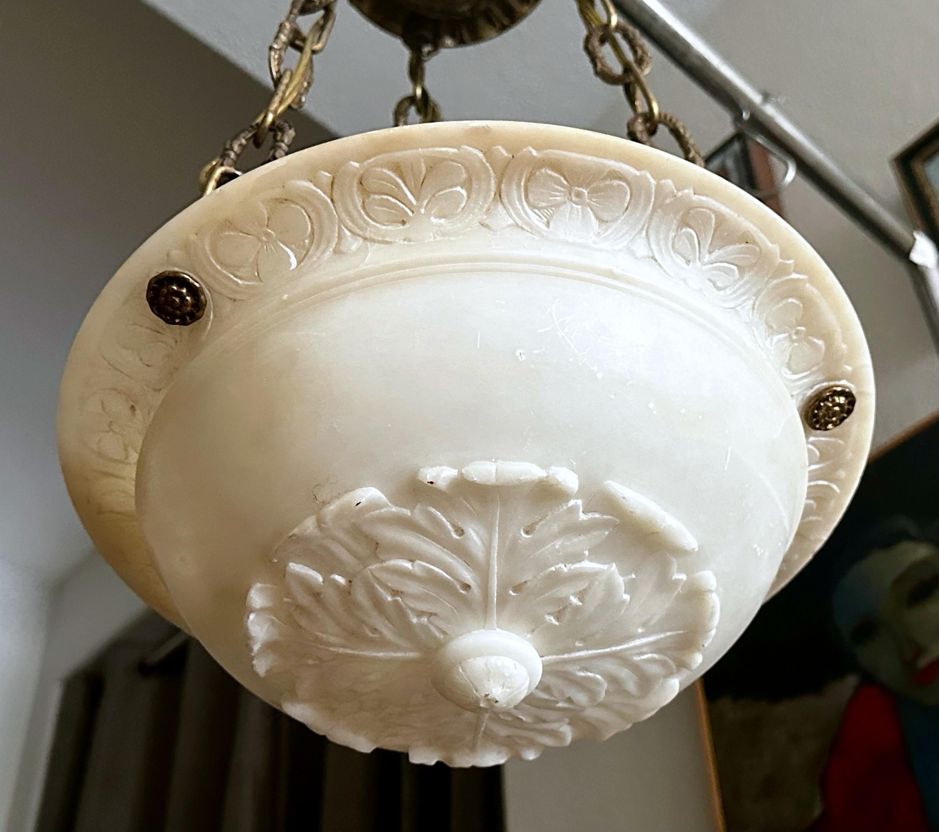 Pair Caldwell Neoclassic Alabaster Carved Pendant Chandelier For Sale 5