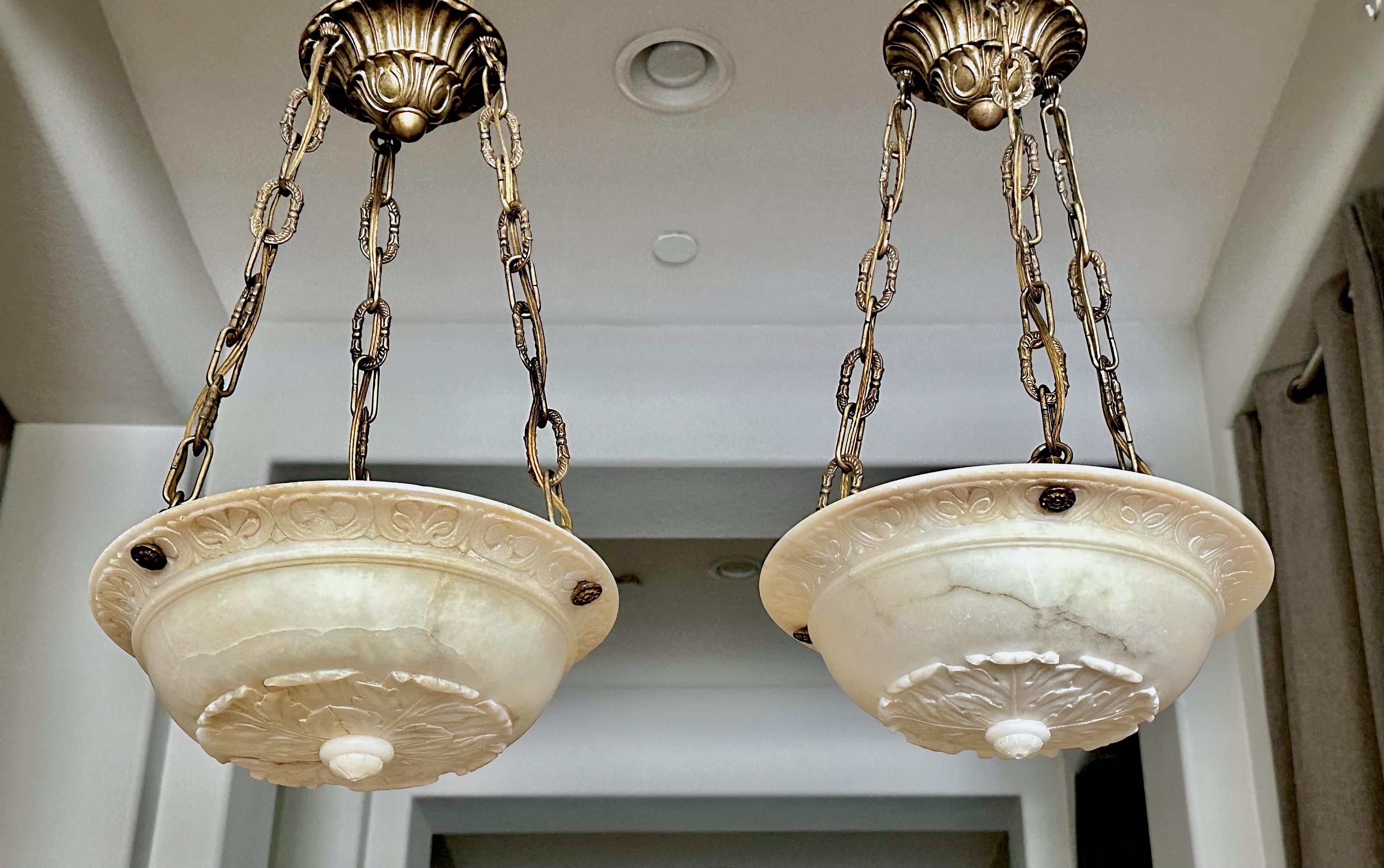 Pair Caldwell Neoclassic Alabaster Carved Pendant Chandelier 10