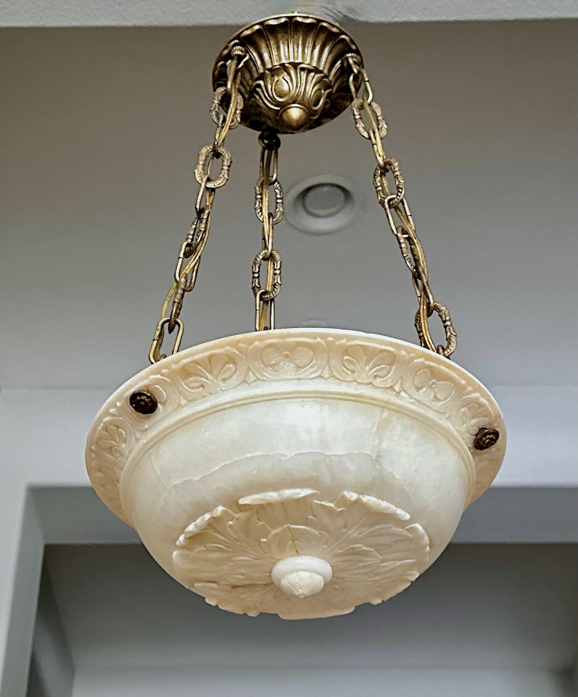Pair Caldwell Neoclassic Alabaster Carved Pendant Chandelier In Good Condition In Palm Springs, CA