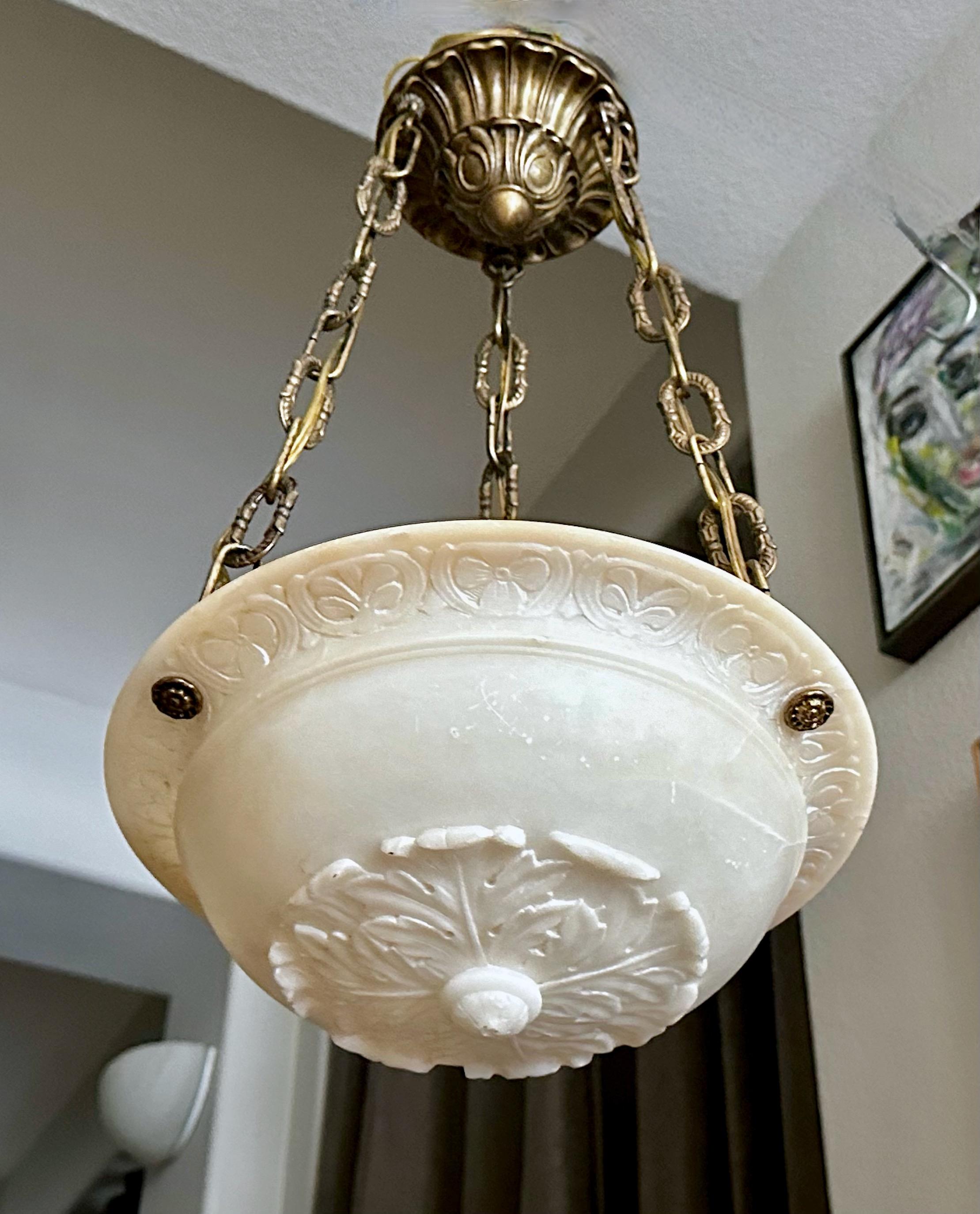 20th Century Pair Caldwell Neoclassic Alabaster Carved Pendant Chandelier For Sale