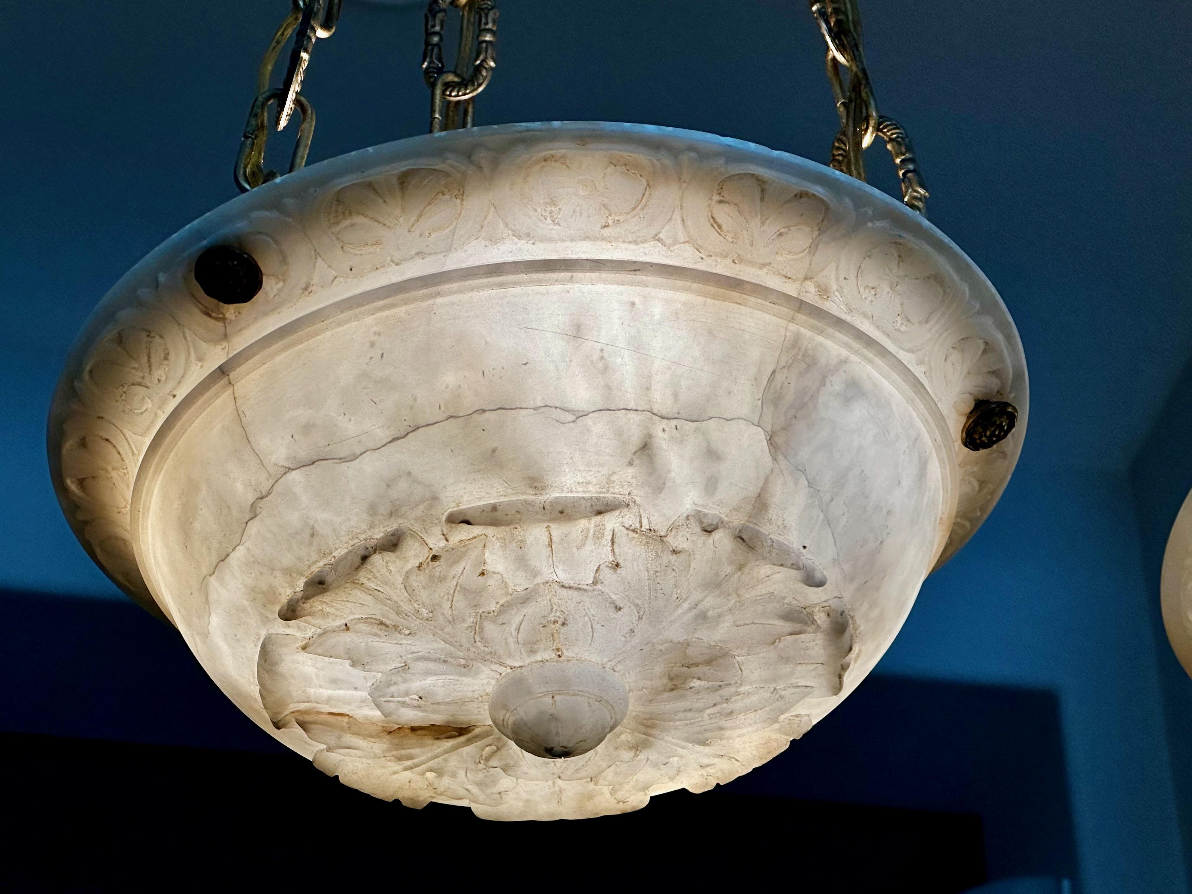 Pair Caldwell Neoclassic Alabaster Carved Pendant Chandelier 2