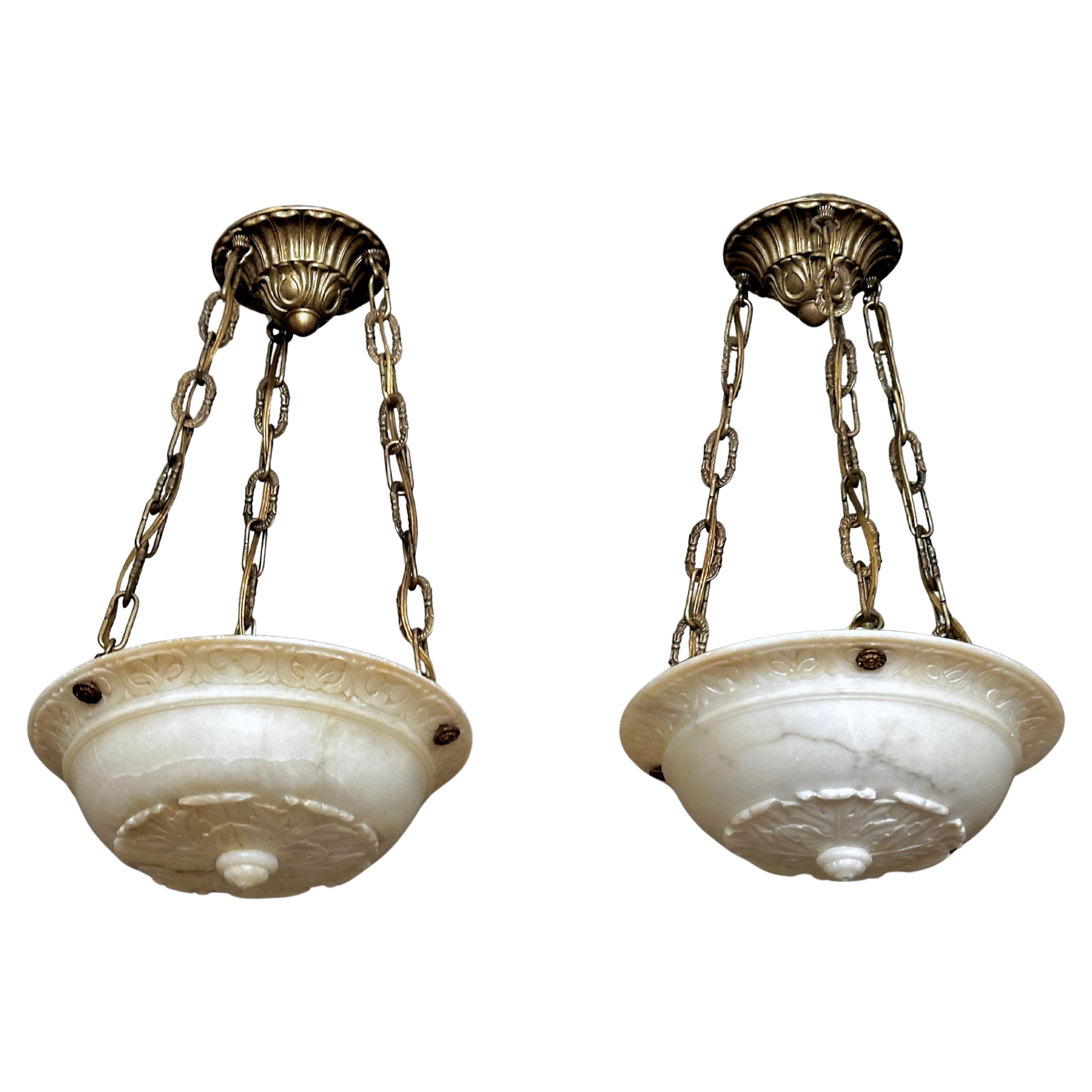 Pair Caldwell Neoclassic Alabaster Carved Pendant Chandelier For Sale