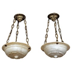 Pair Caldwell Neoclassic Alabaster Carved Pendant Chandelier
