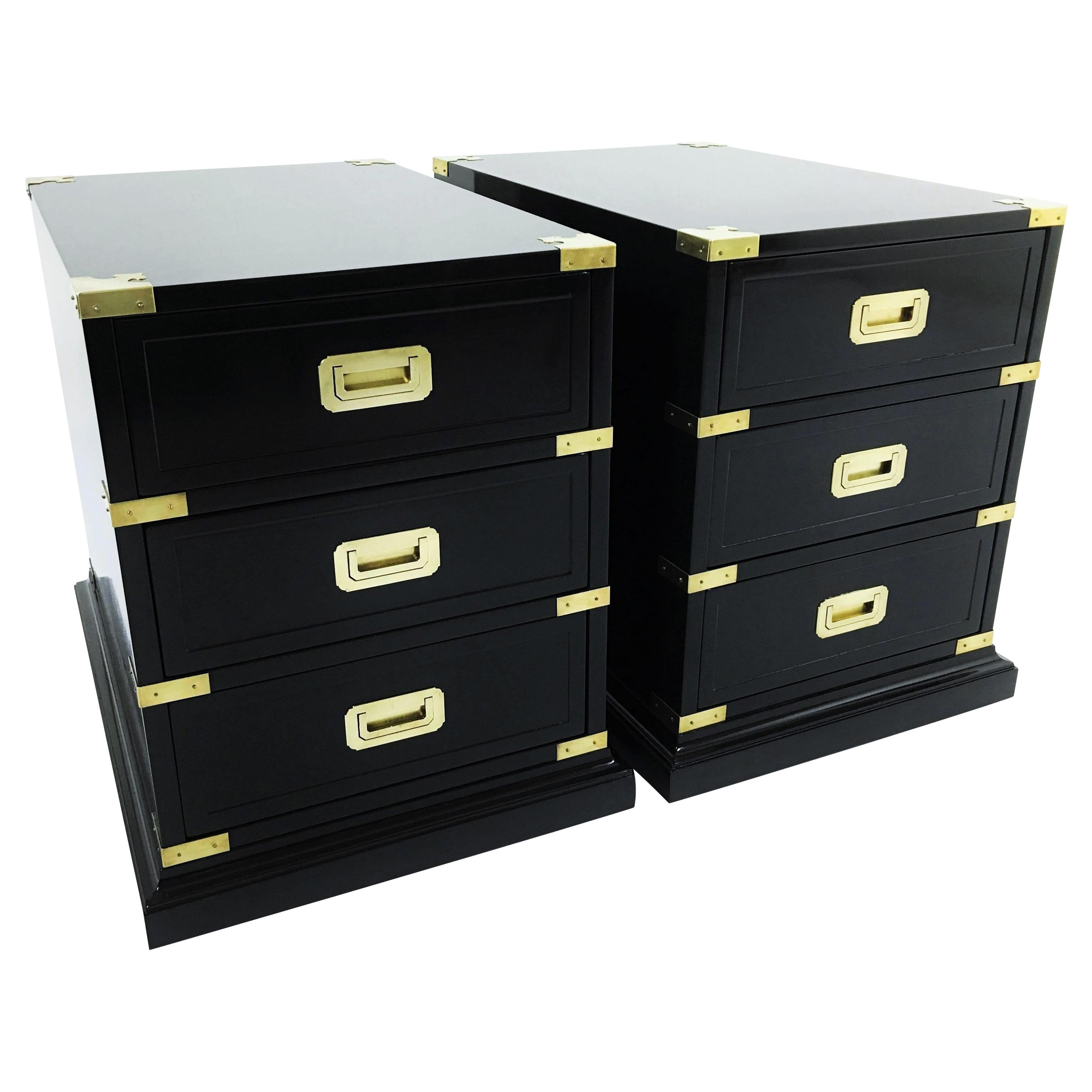 Pair of Campaign Style Black Lacquered and Brass End/Side Tables