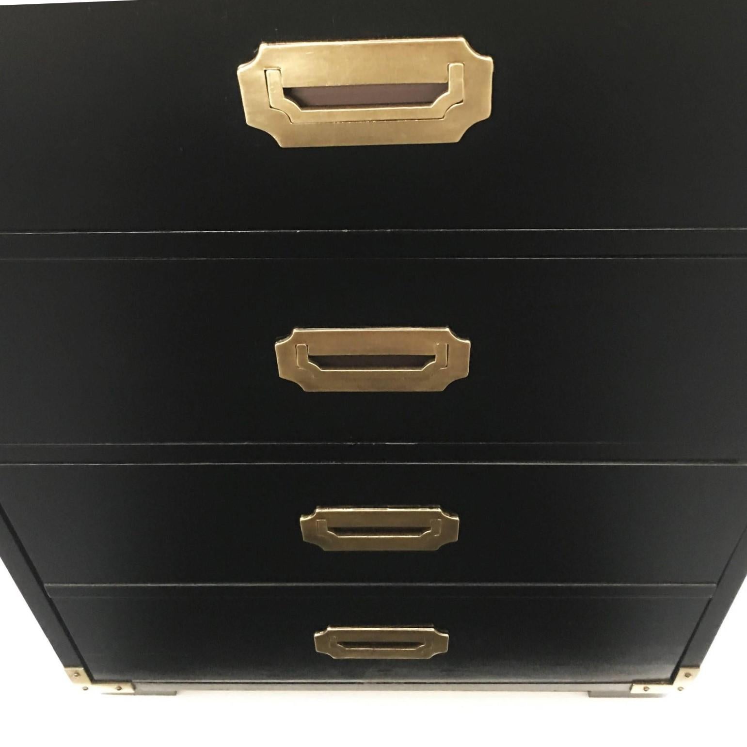 American Two Campaign Style Black Lacquered and Brass Tall Chest of Drawers For Sale