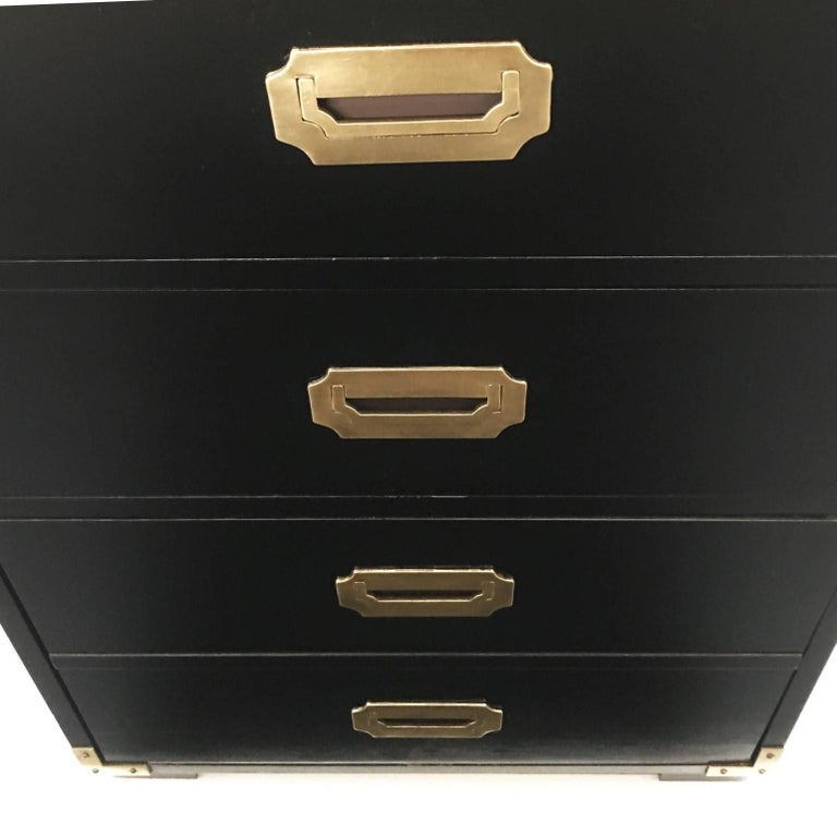 Pair Of Campaign Style Black Lacquered And Brass Tall Chest Of