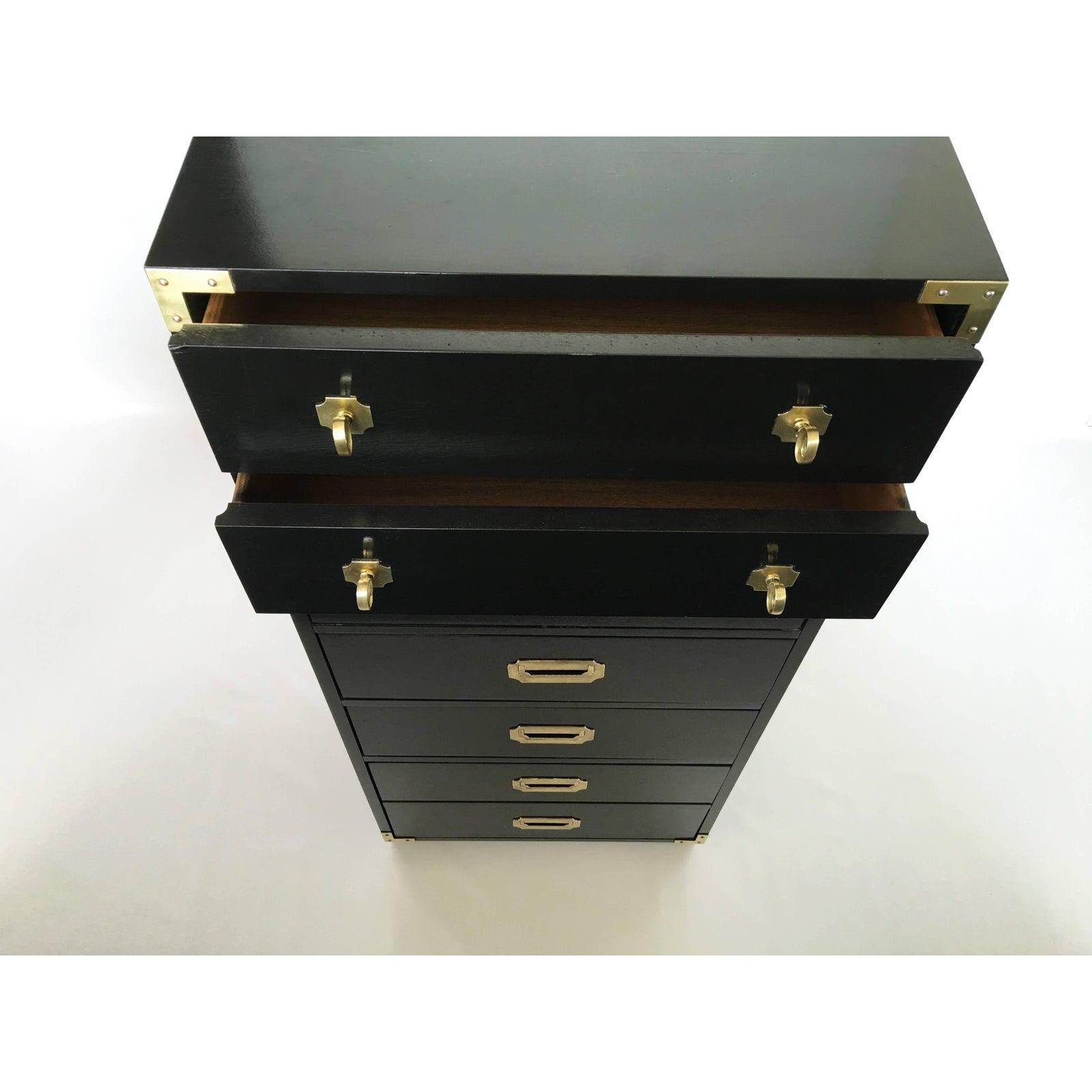 Two Campaign Style Black Lacquered and Brass Tall Chest of Drawers In Good Condition For Sale In Dallas, TX