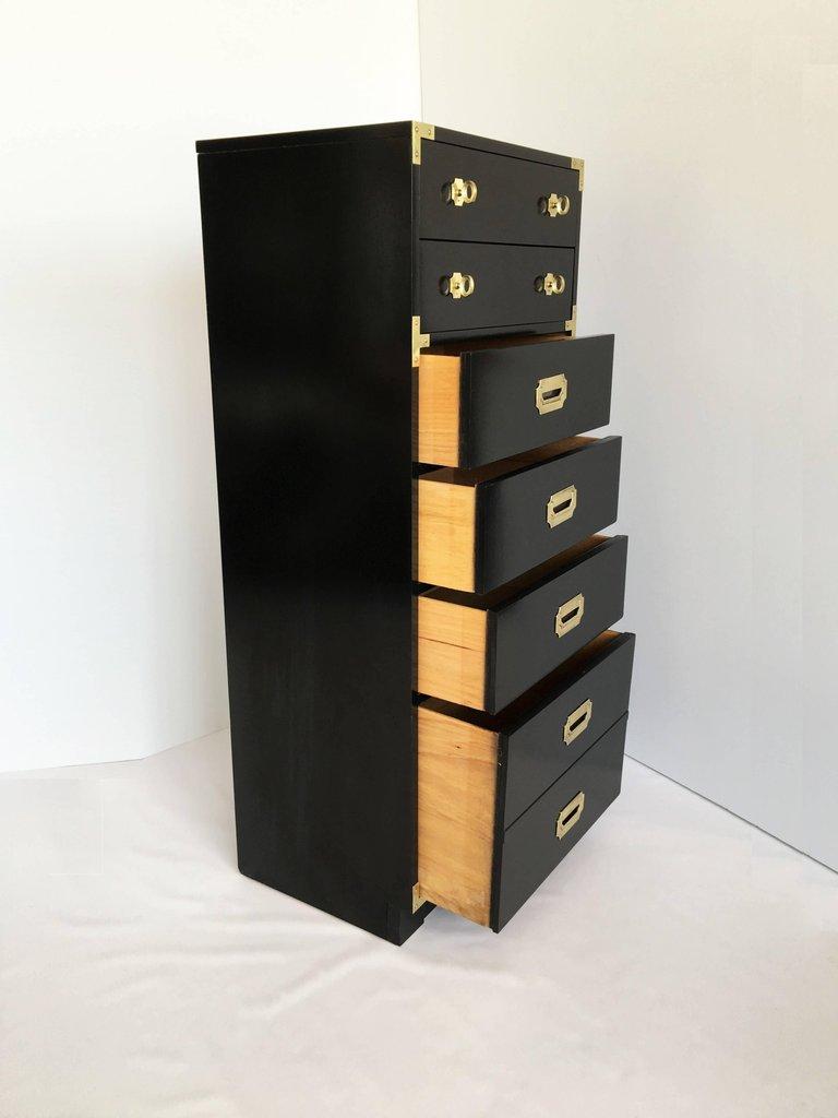 20th Century Two Campaign Style Black Lacquered and Brass Tall Chest of Drawers For Sale