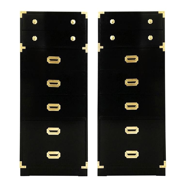 Pair of Campaign Style Black Lacquered and Brass Tall Chest of Drawers