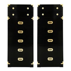 Retro Two Campaign Style Black Lacquered and Brass Tall Chest of Drawers