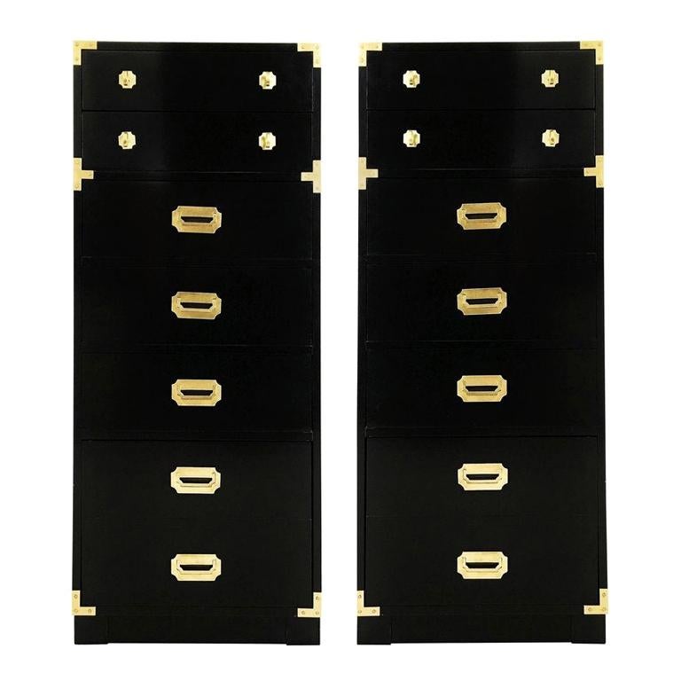 Two Campaign Style Black Lacquered and Brass Tall Chest of Drawers For