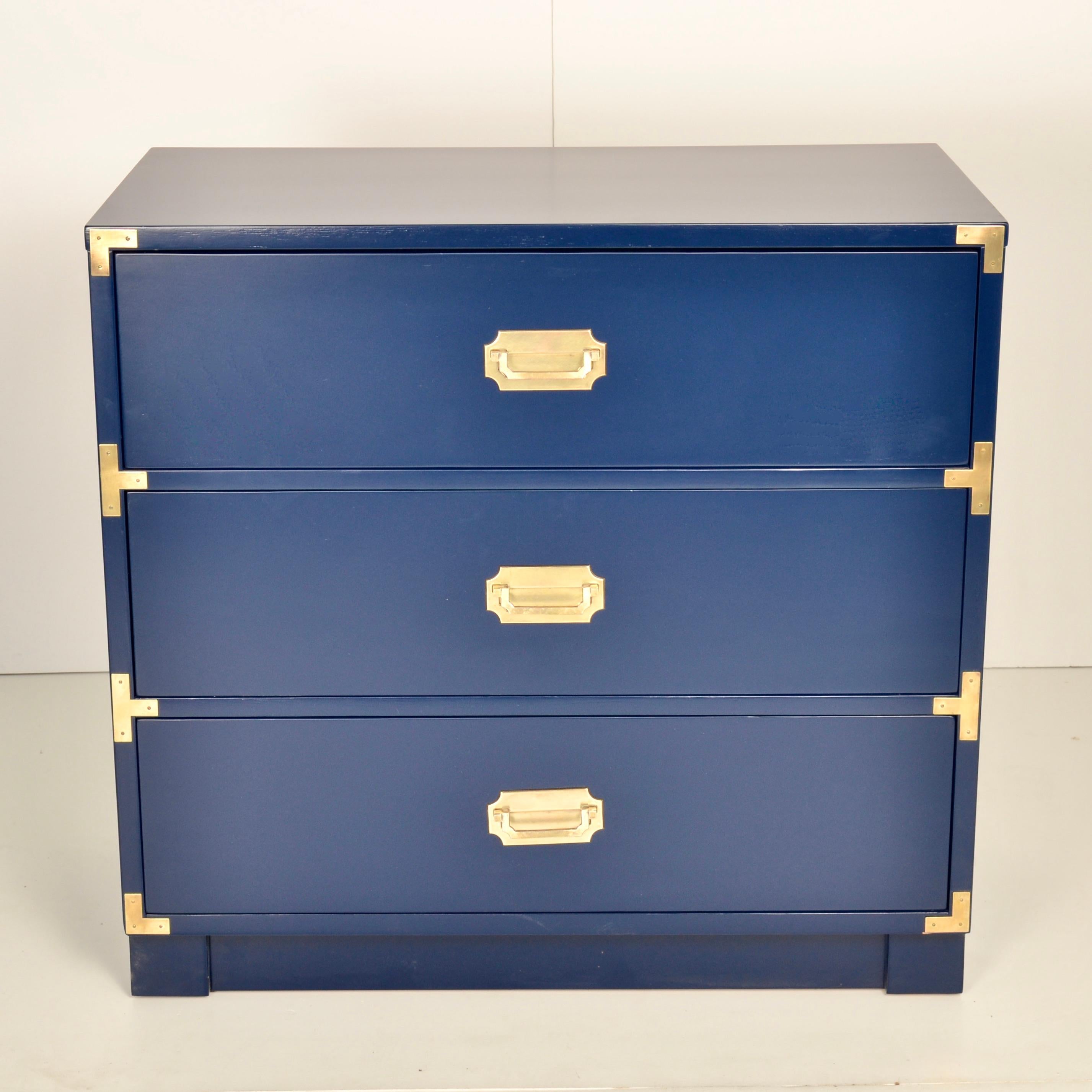 Handsome pair of chests, newly lacquered in satin finish BM Old Navy. Solid brass hardware, hand polished. Wood drawers. Great medium size at: 32