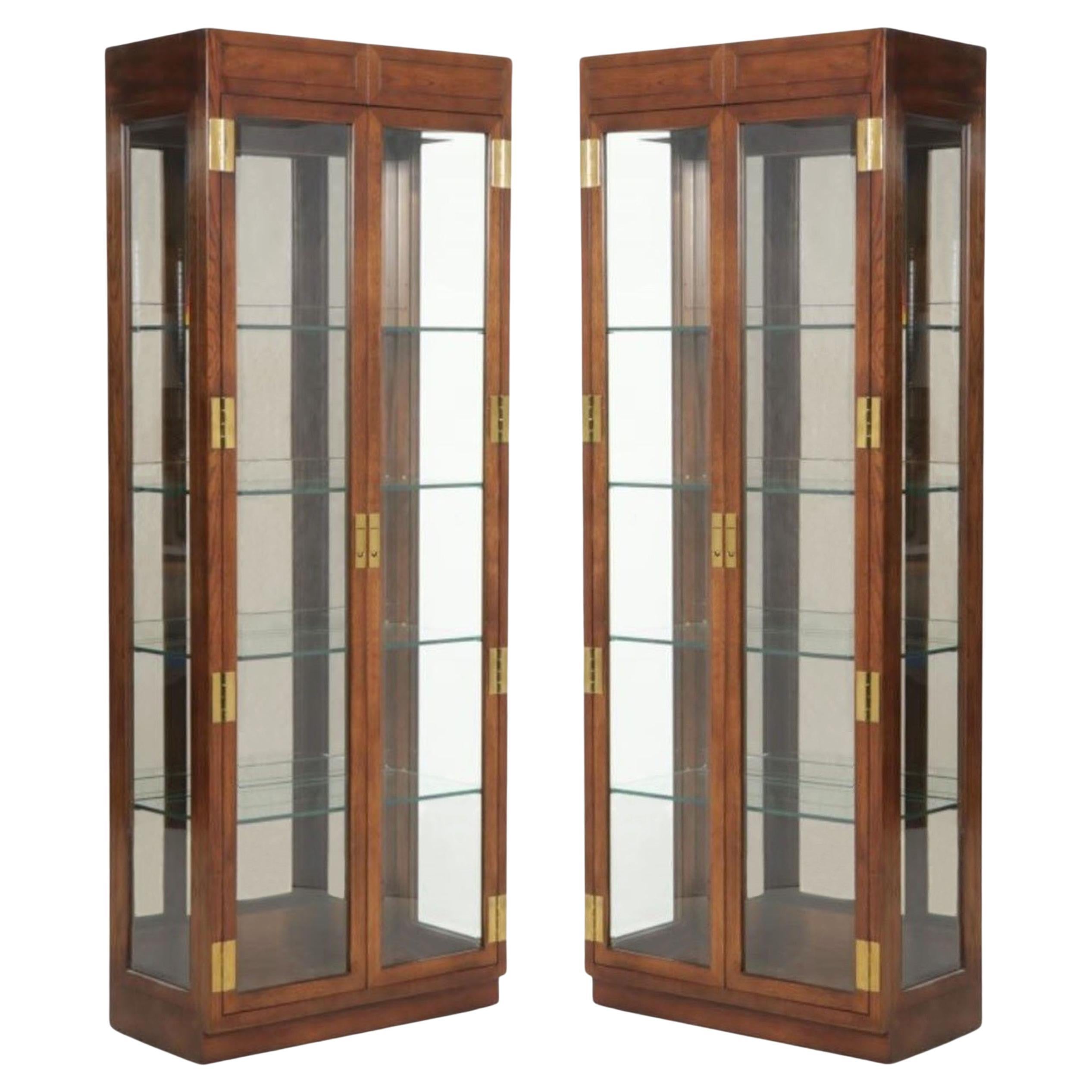 Pair Campaign Style Curio Display Cabinets by Henredon