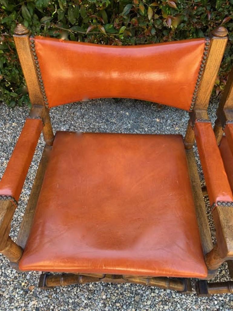 Mid-Century Modern Pair of Campaign Style Leather and Wood Chairs