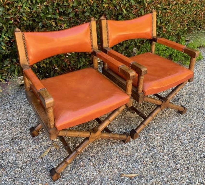American Pair of Campaign Style Leather and Wood Chairs