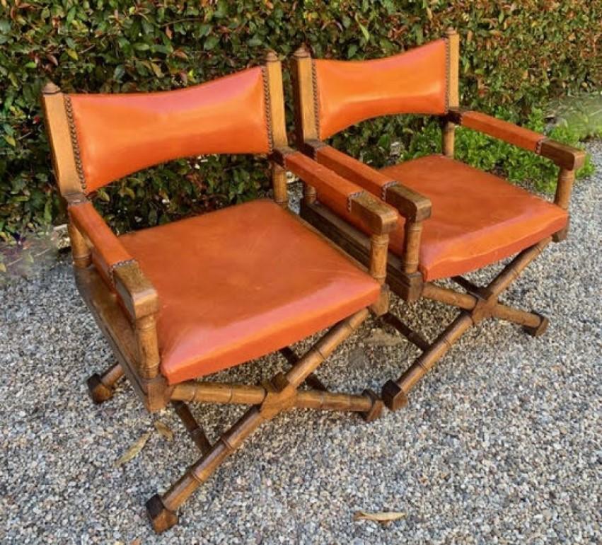 American Pair of Campaign Style Leather and Wood Chairs