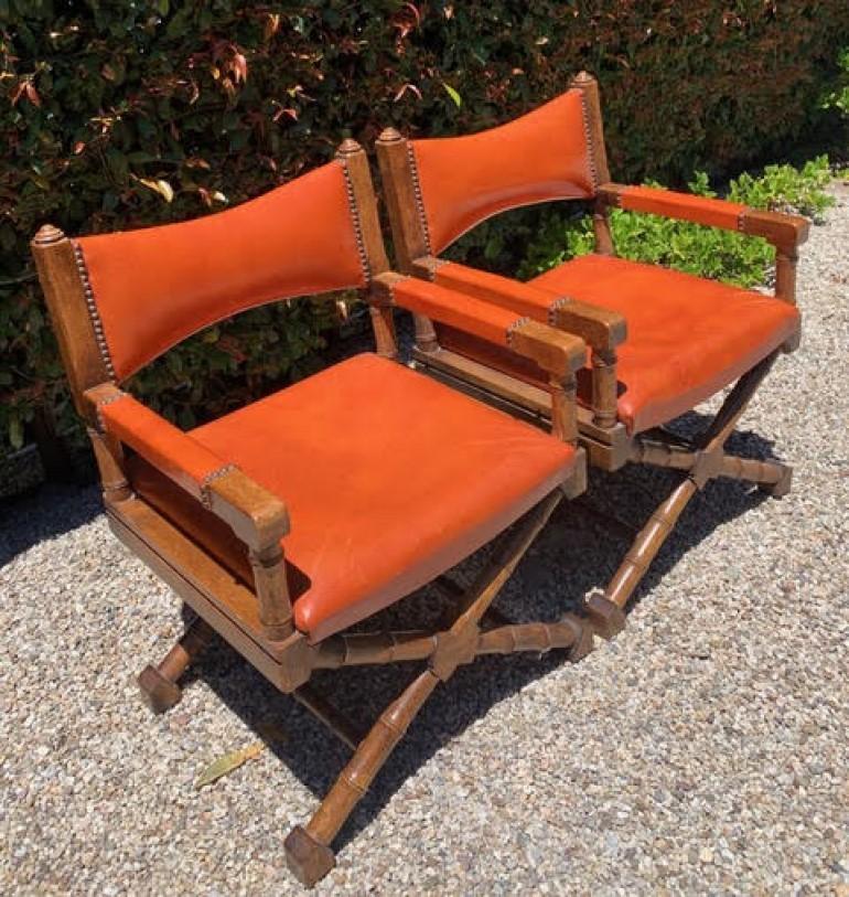 Pair of Campaign Style Leather and Wood Chairs In Good Condition In Los Angeles, CA