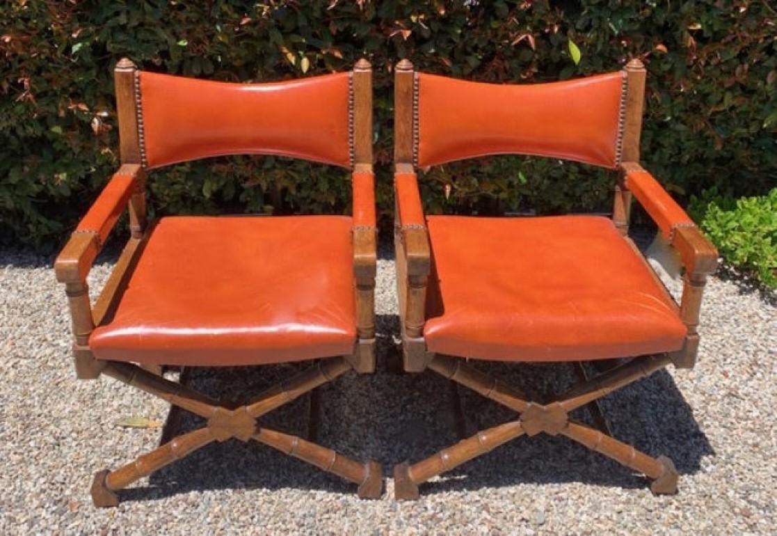 Pair of Campaign Style Leather and Wood Chairs 1